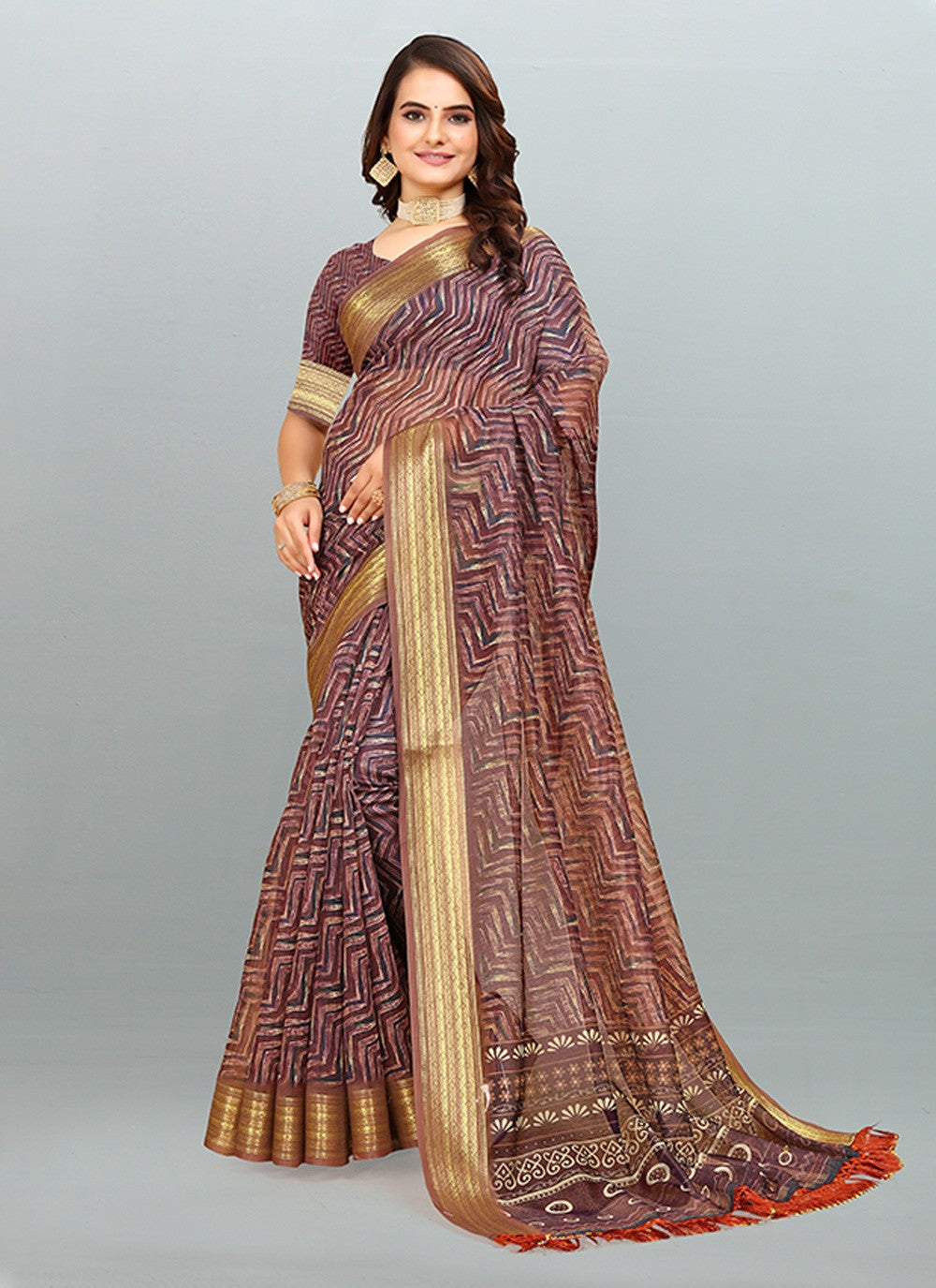 Saree Digital Print Cotton , Jacquard Saree - S3182