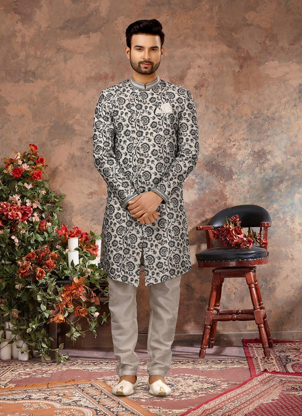 Digital Print Jacquard Off White Indo Western Sherwani - M2921