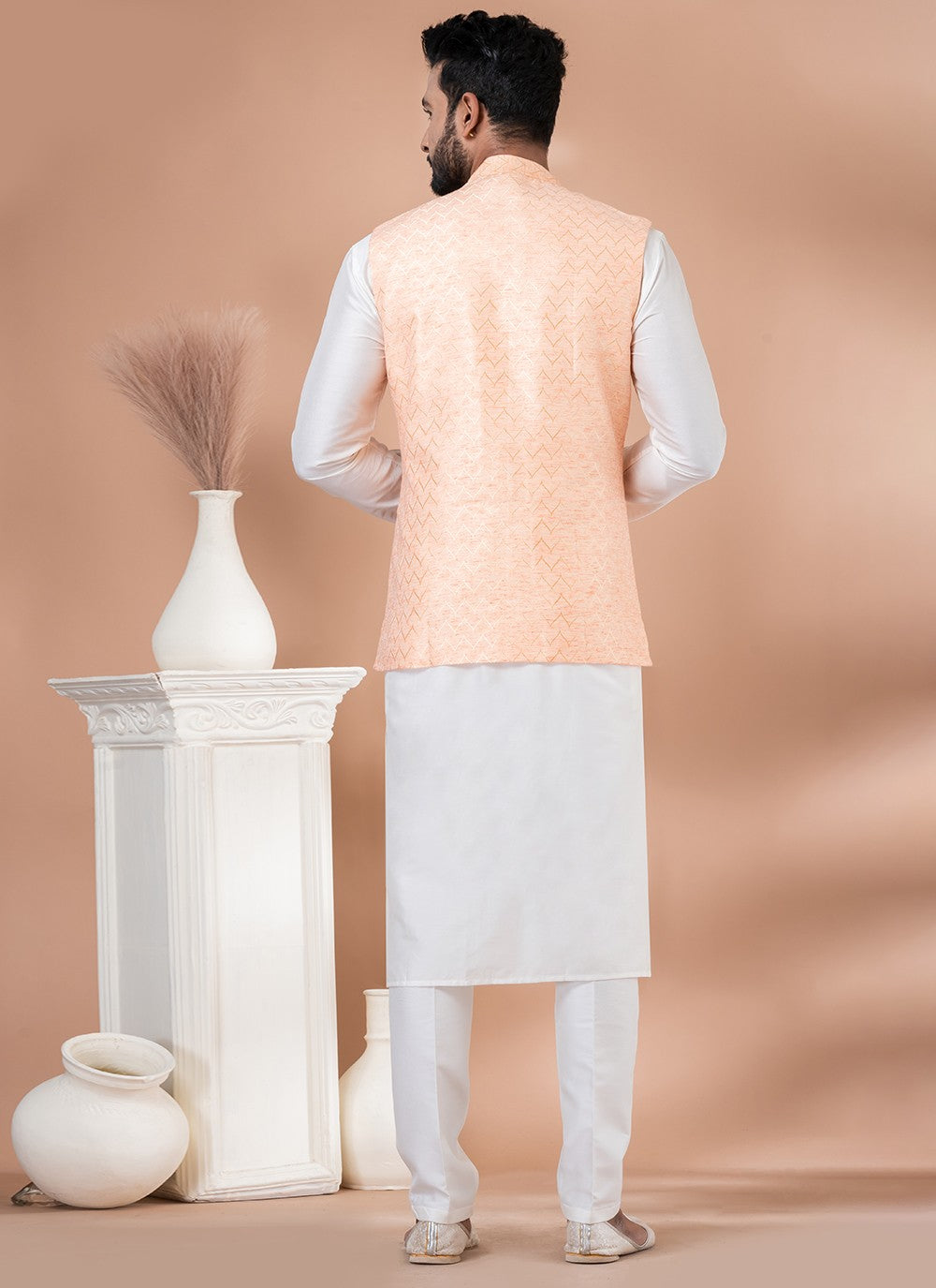 Plain Jacquard, Viscose Peach, White Kurta Payjama With Jacket - M7741