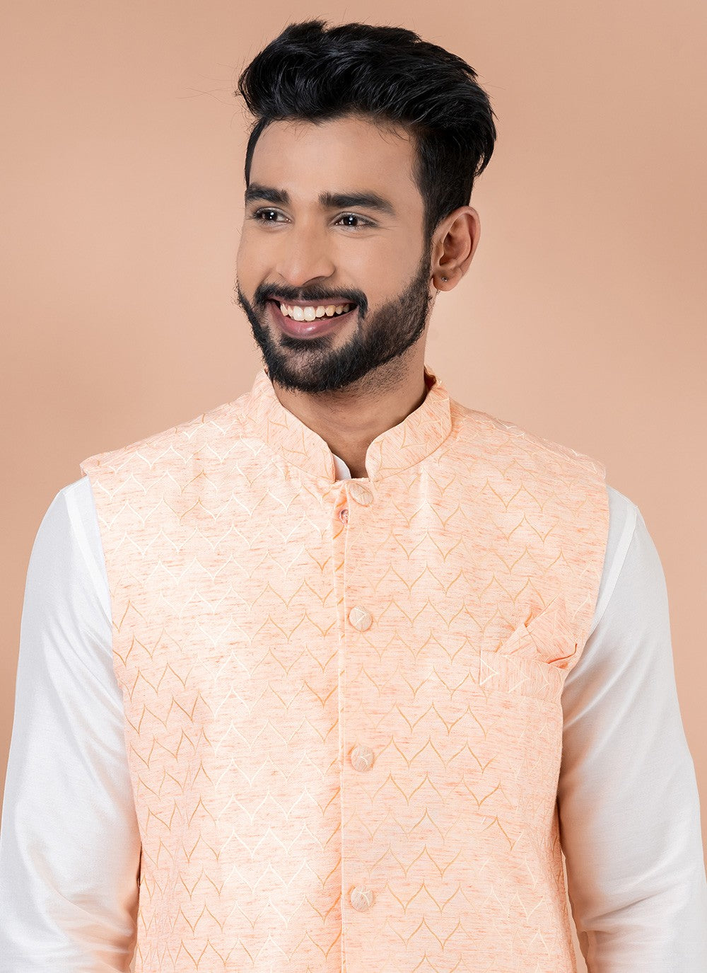 Plain Jacquard, Viscose Peach, White Kurta Payjama With Jacket - M7741