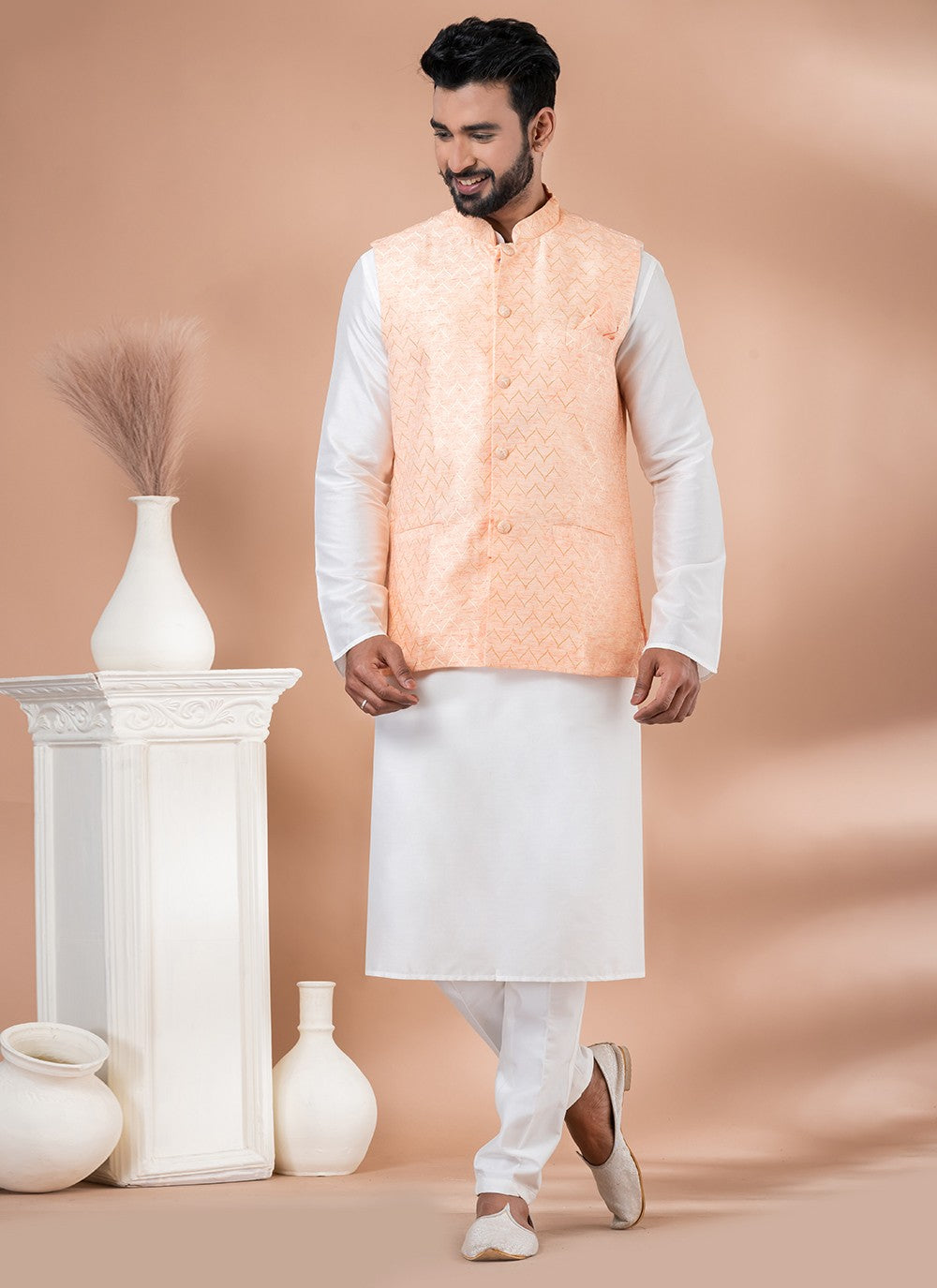 Plain Jacquard, Viscose Peach, White Kurta Payjama With Jacket - M7741