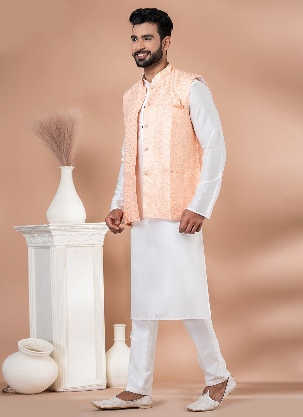 Plain Jacquard, Viscose Peach, White Kurta Payjama With Jacket - M7741