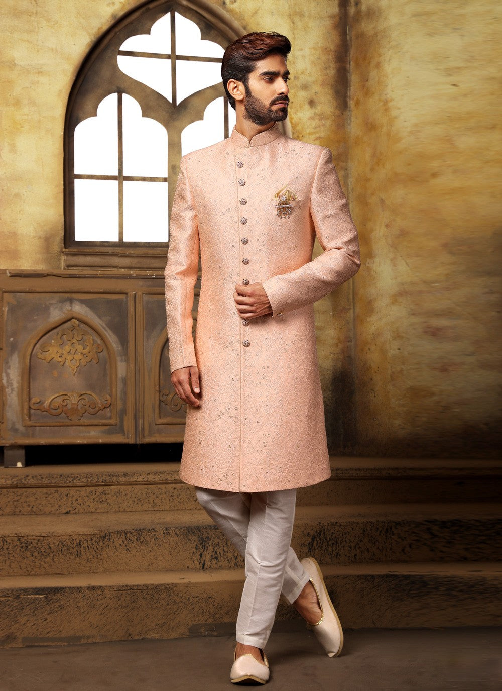 Jacquard Work Imported, Jacquard Peach Indo Western - M3796