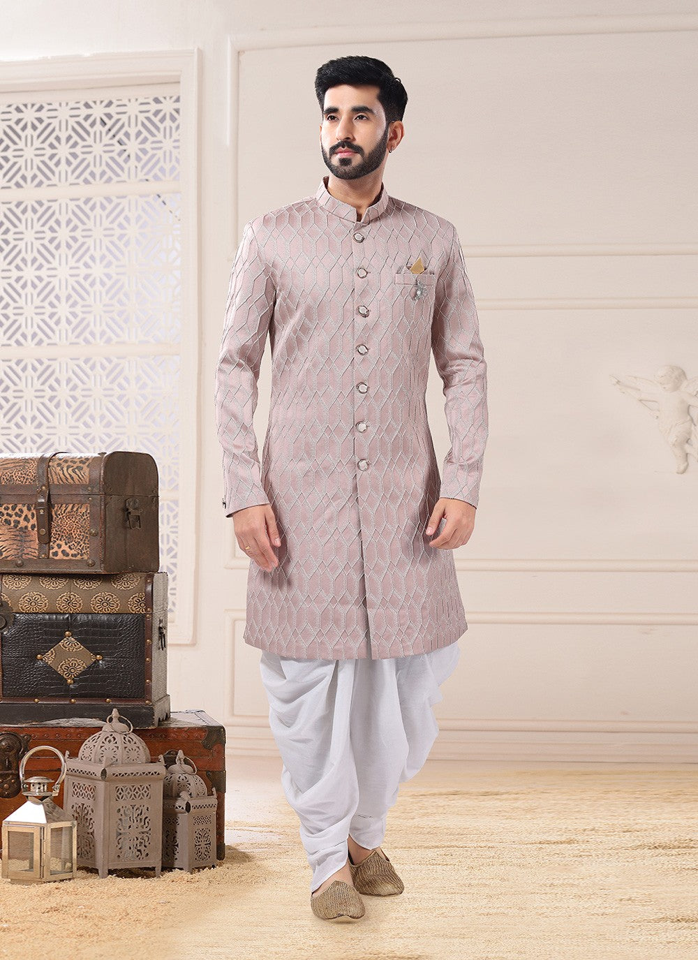 Embroidered Jacquard Pink Indo Western Sherwani - M4669