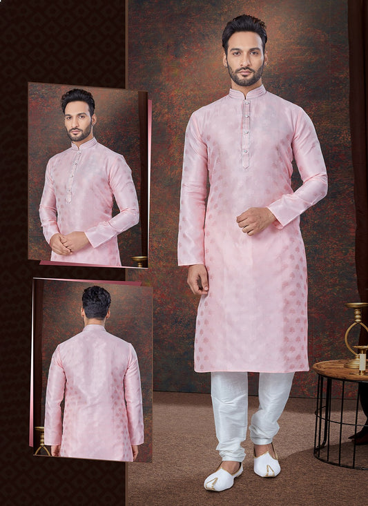 Machine Embroidery Jacquard Pink Kurta Pyjama - M7595