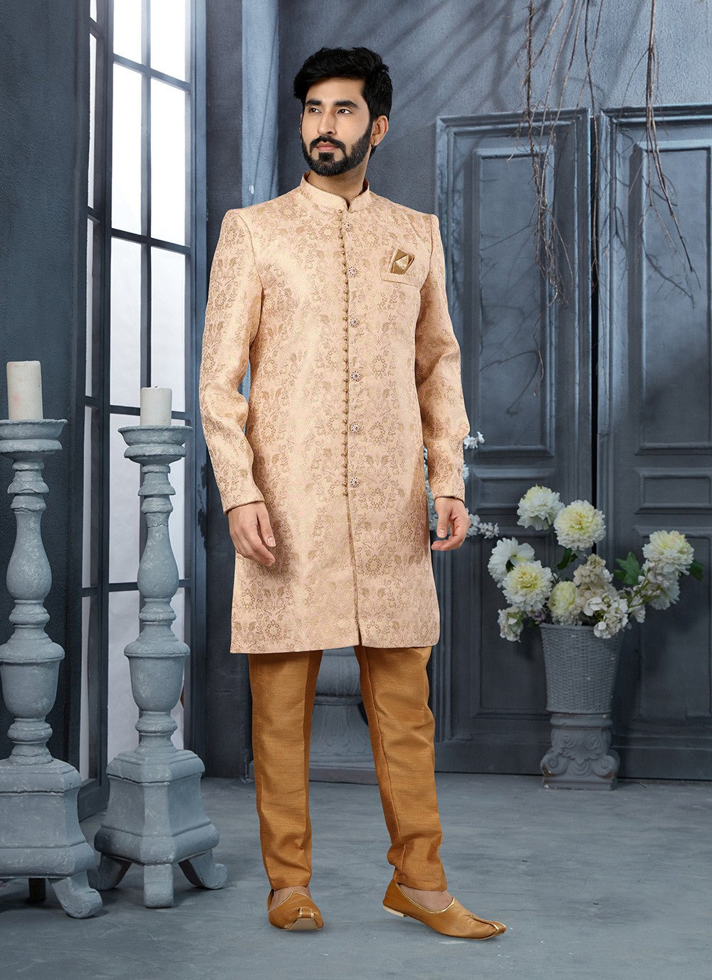 Zari Jacquard Pink Sherwani - M2912