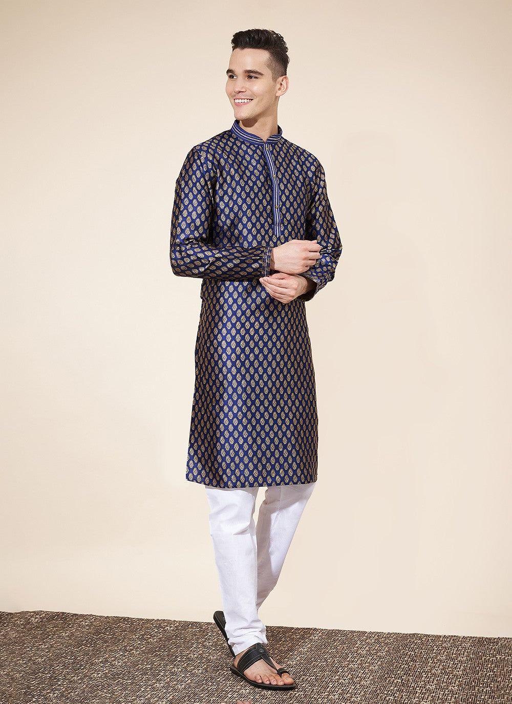 Pintex Jacquard Blue Kurta Pyjama - M8039