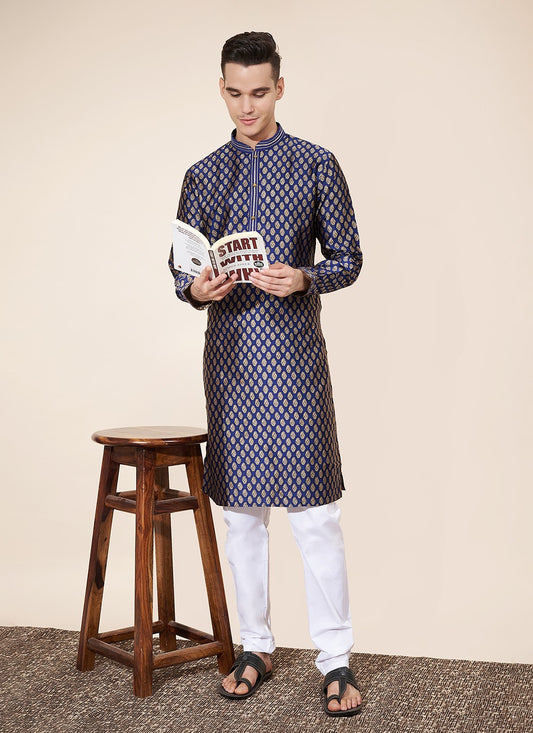 Pintex Jacquard Blue Kurta Pyjama - M8039