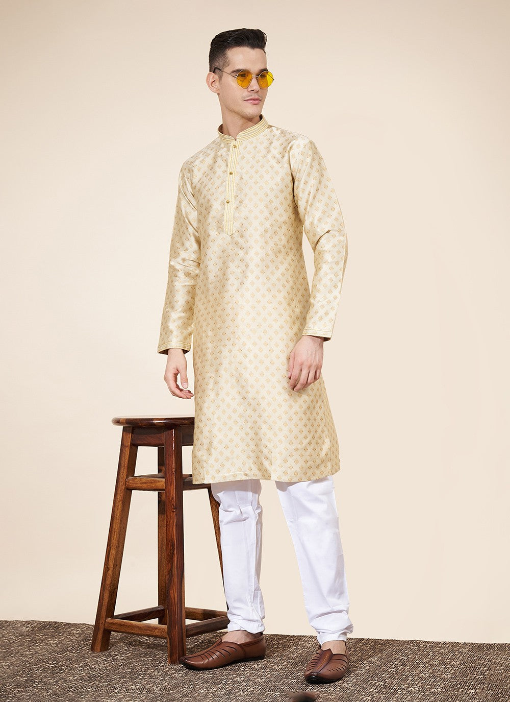 Pintex Jacquard Beige Kurta Pyjama - M8035