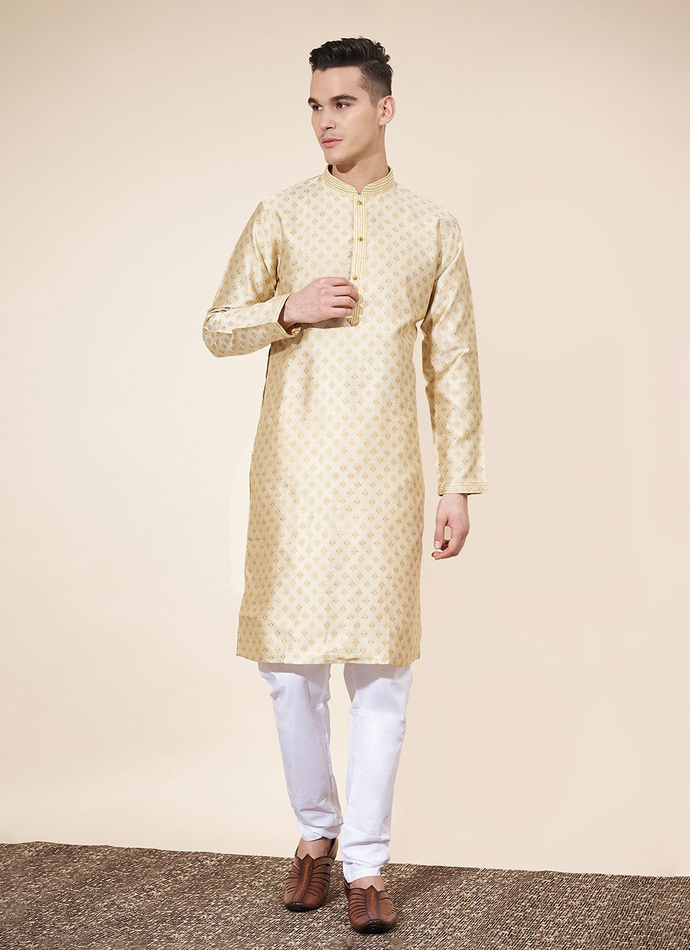 Pintex Jacquard Beige Kurta Pyjama - M8035