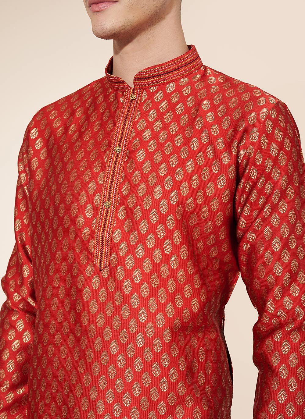 Pintex Jacquard Red Kurta Pyjama - M8036