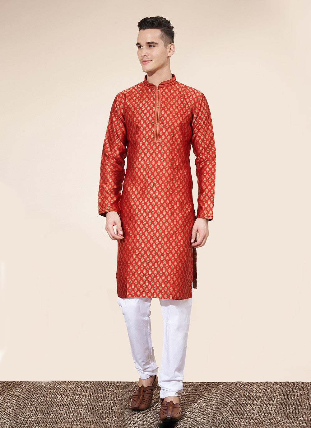 Pintex Jacquard Red Kurta Pyjama - M8036