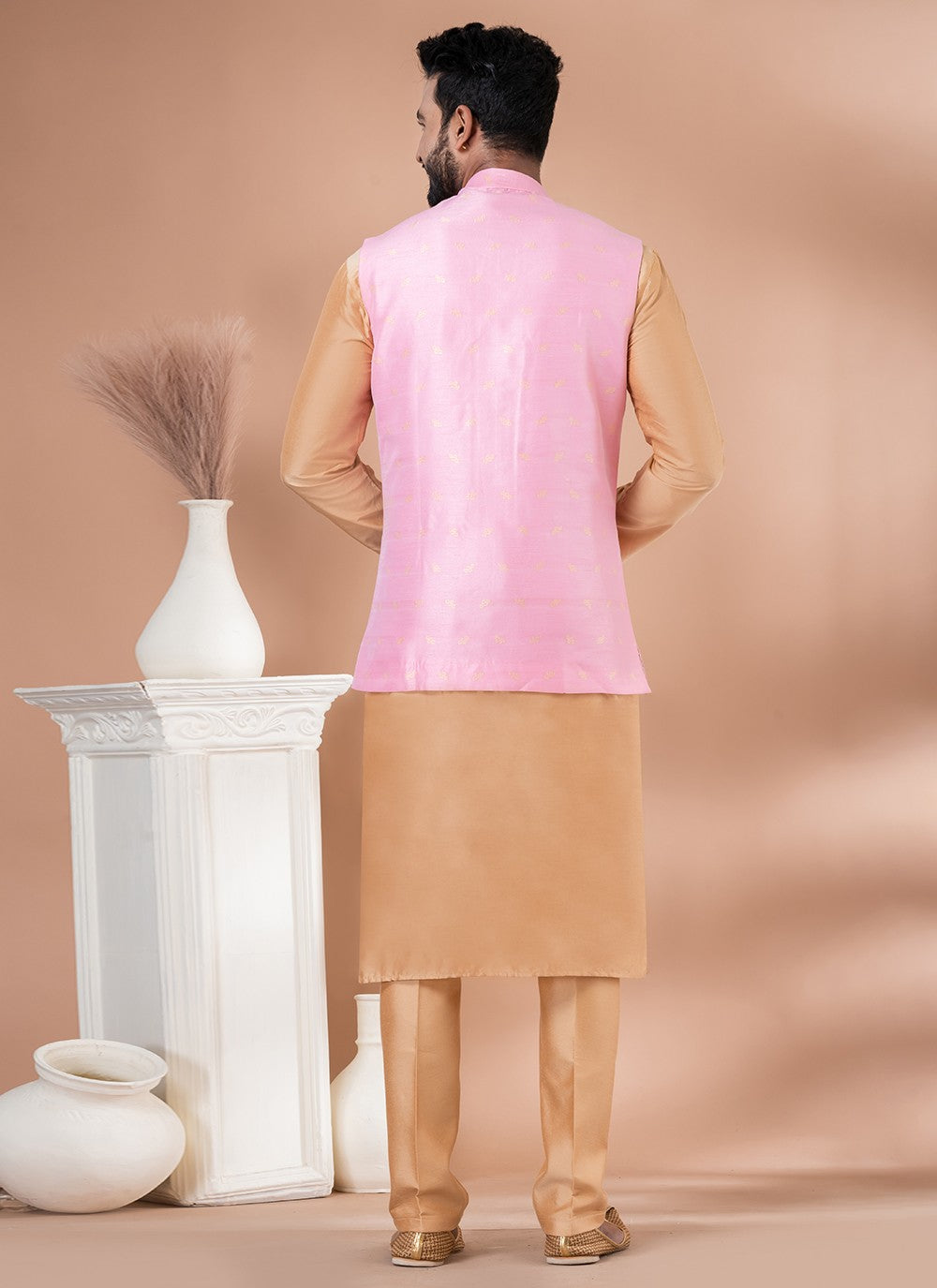 Plain Jacquard, Silk, Viscose Brown, Pink Kurta Payjama With Jacket - M7732