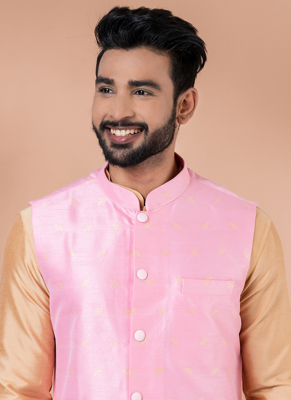 Plain Jacquard, Silk, Viscose Brown, Pink Kurta Payjama With Jacket - M7732