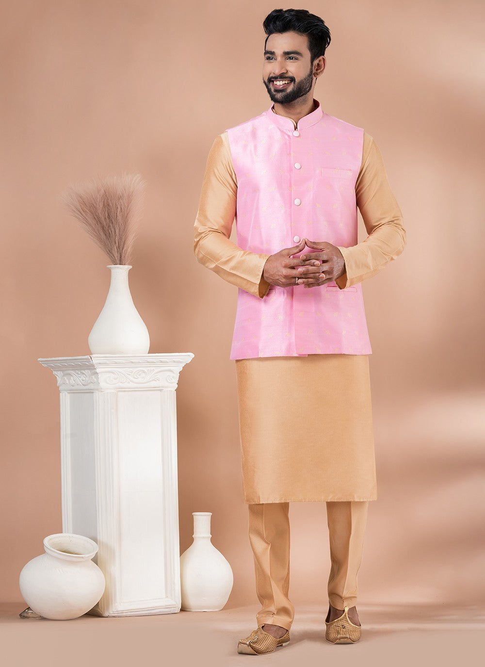 Plain Jacquard, Silk, Viscose Brown, Pink Kurta Payjama With Jacket - M7732