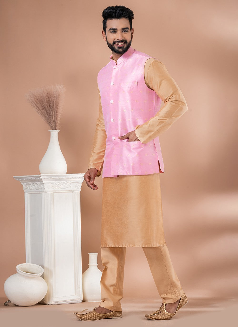 Plain Jacquard, Silk, Viscose Brown, Pink Kurta Payjama With Jacket - M7732