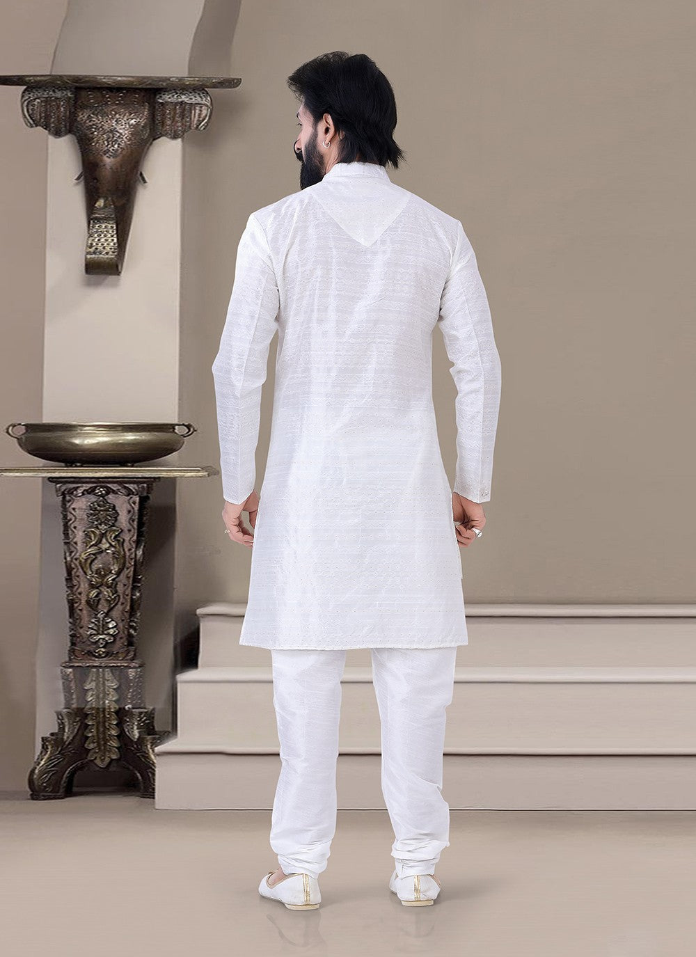 Plain Jacquard White Indo Western - M3466