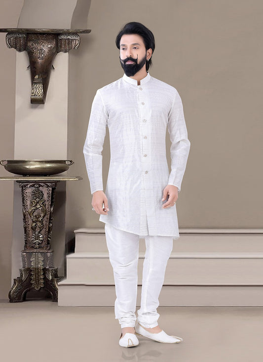 Plain Jacquard White Indo Western - M3466