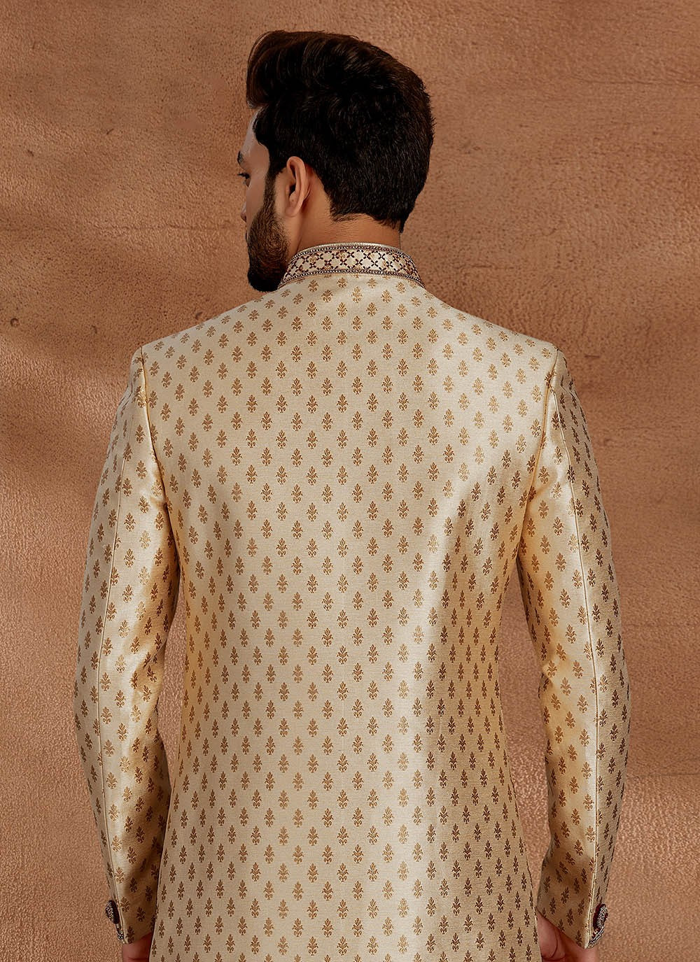 Jacquard Work Jacquard Cream Indo Western Sherwani - M2703