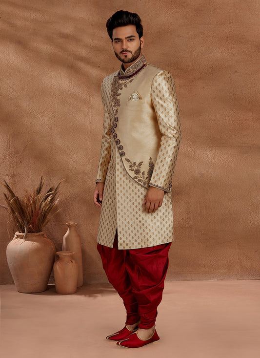 Jacquard Work Jacquard Cream Indo Western Sherwani - M2703