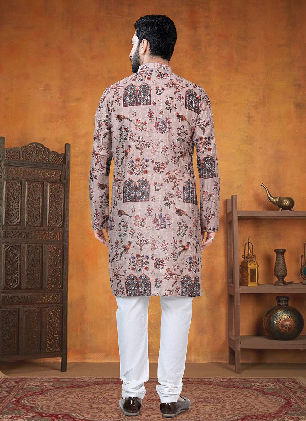 Printed Jacquard Brown Kurta Pyjama - M8801