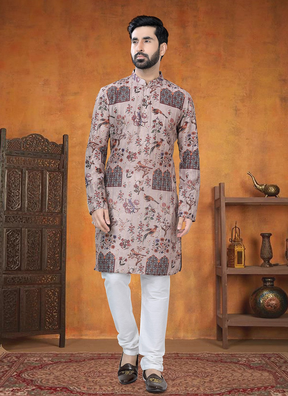 Printed Jacquard Brown Kurta Pyjama - M8801