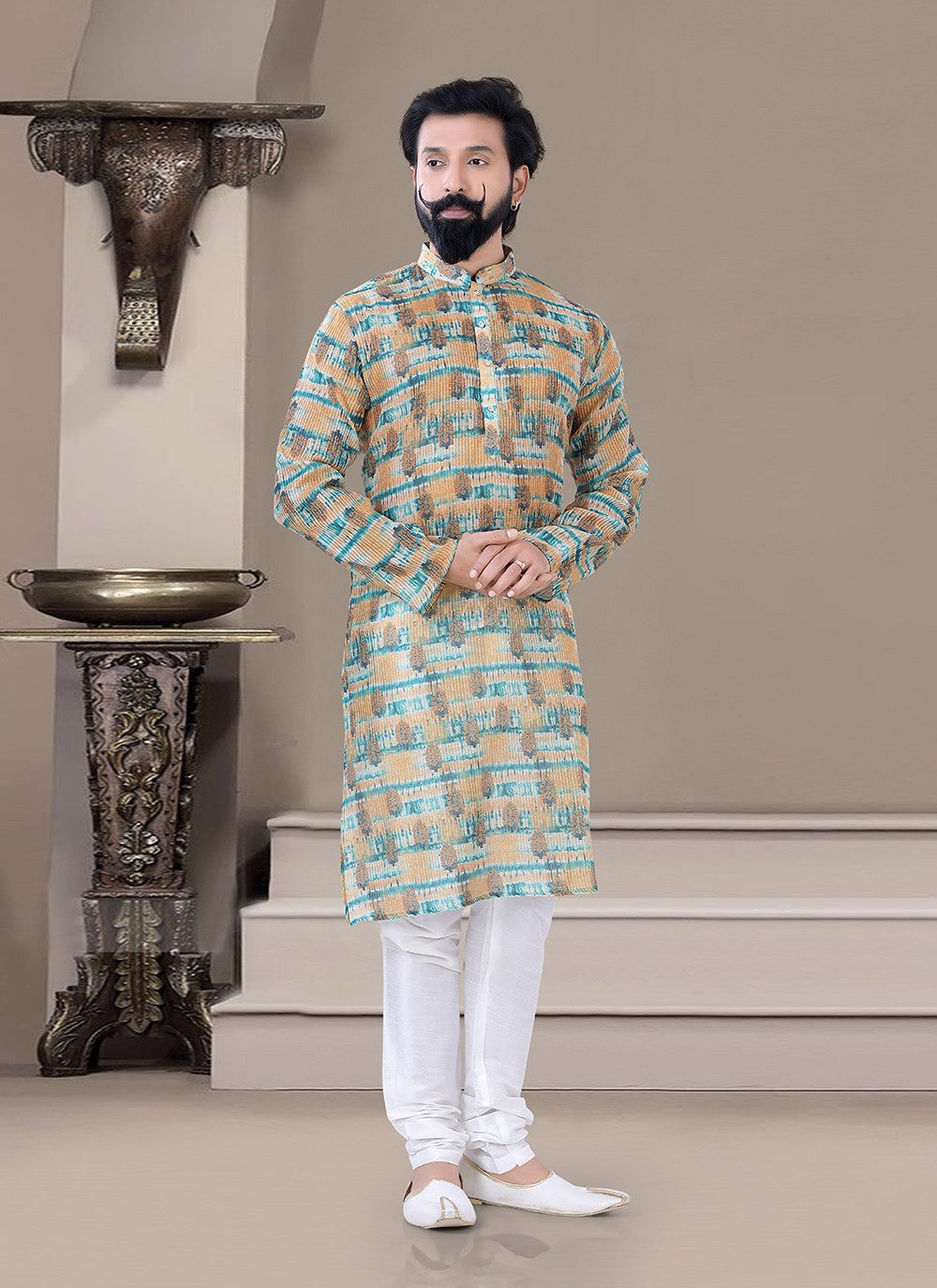 Printed Jacquard Multi Colour Kurta Pyjama - M3460