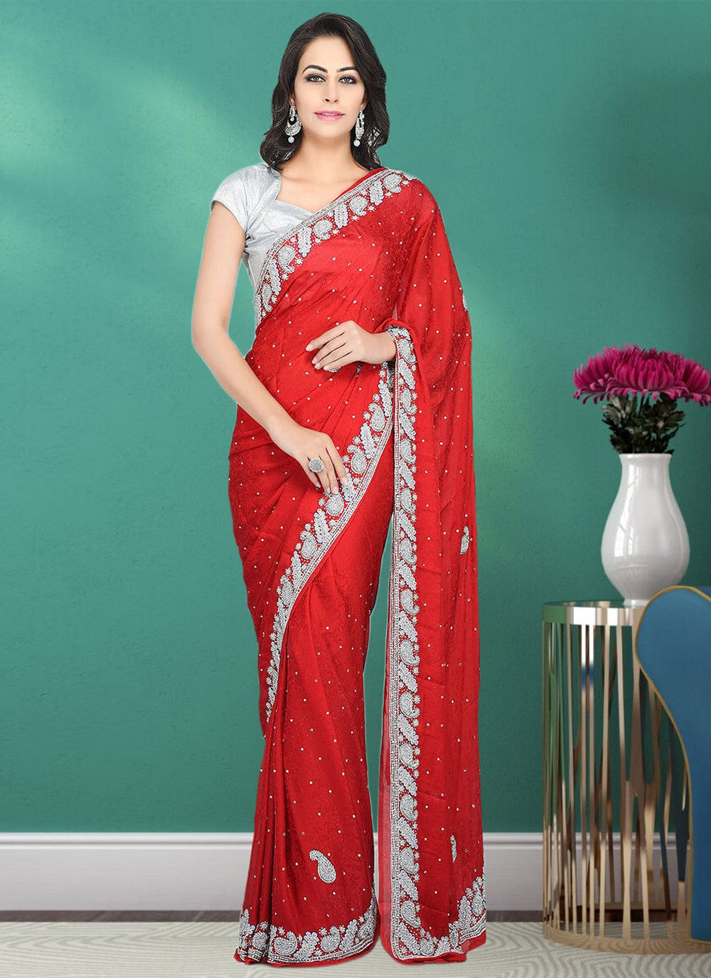 Classic Hand Embroidery Georgette Saree - S1972