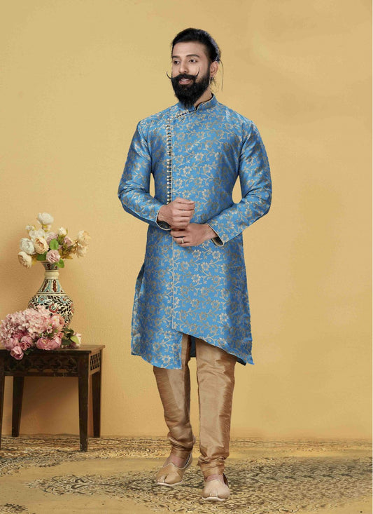 Embroidered Jacquard Silk Aqua Blue Indo Western - M1759