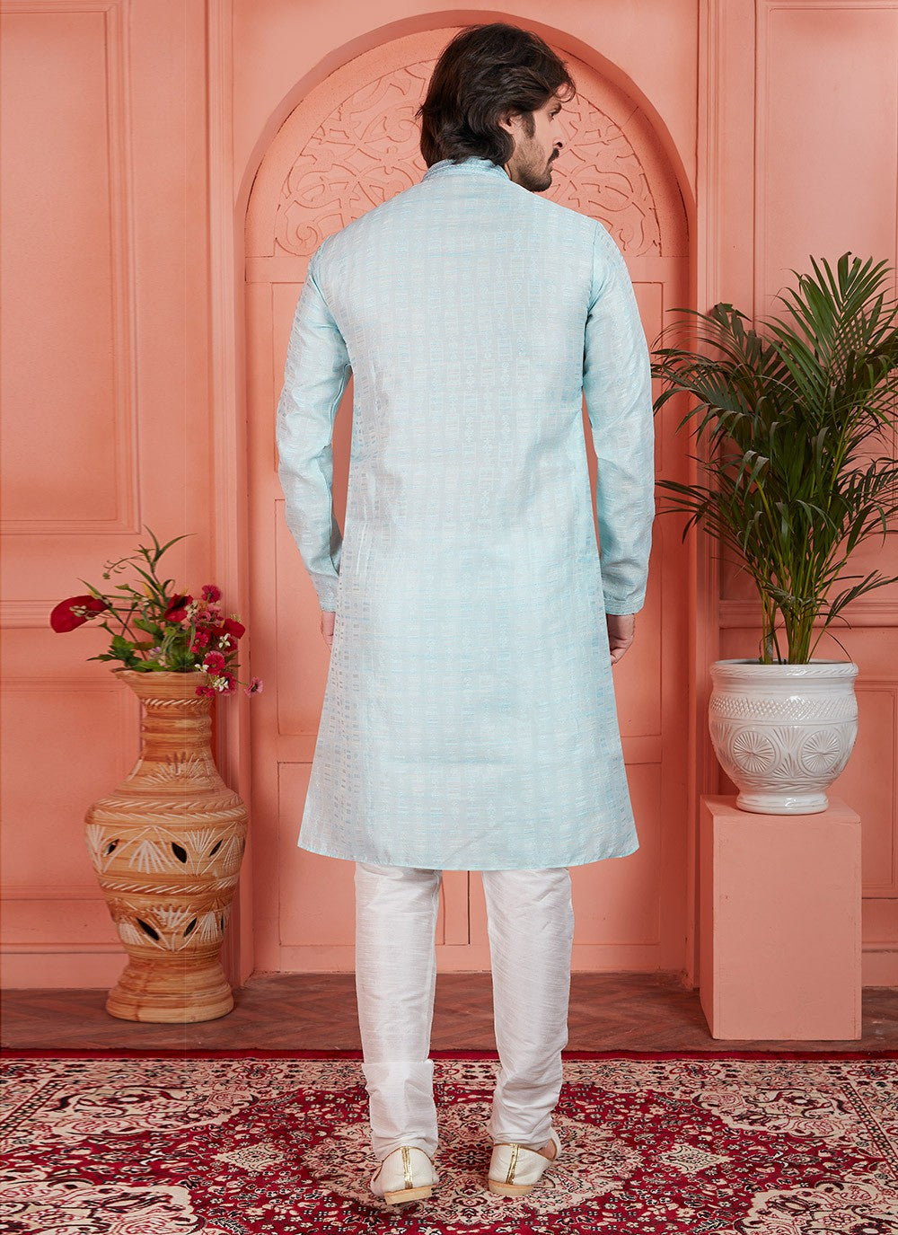 Pintex Brocade, Jacquard Silk Aqua Blue Kurta Pyjama - M7747