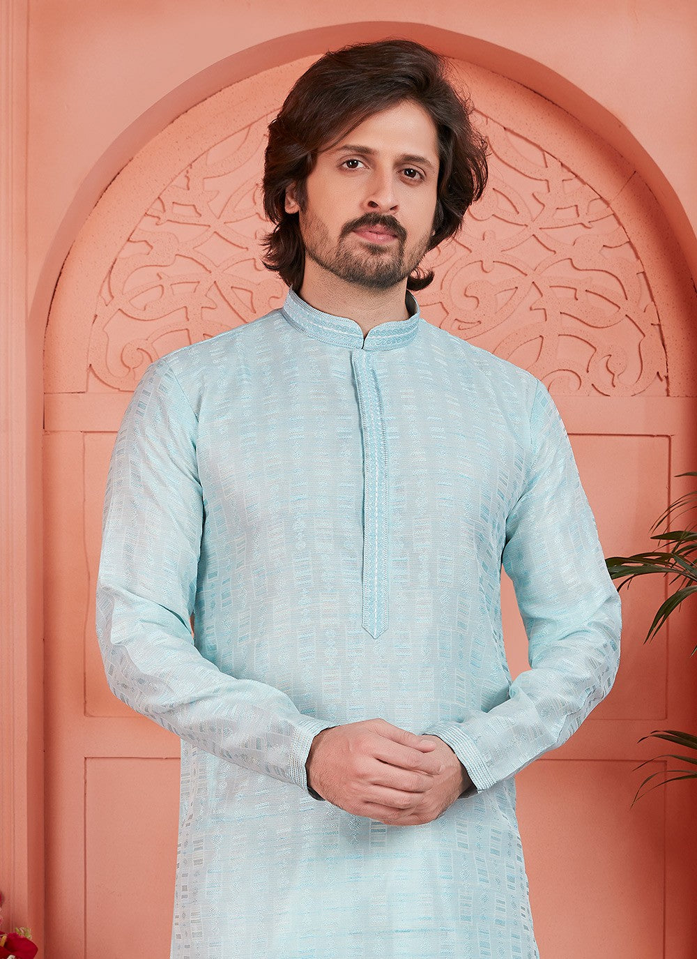 Pintex Brocade, Jacquard Silk Aqua Blue Kurta Pyjama - M7747