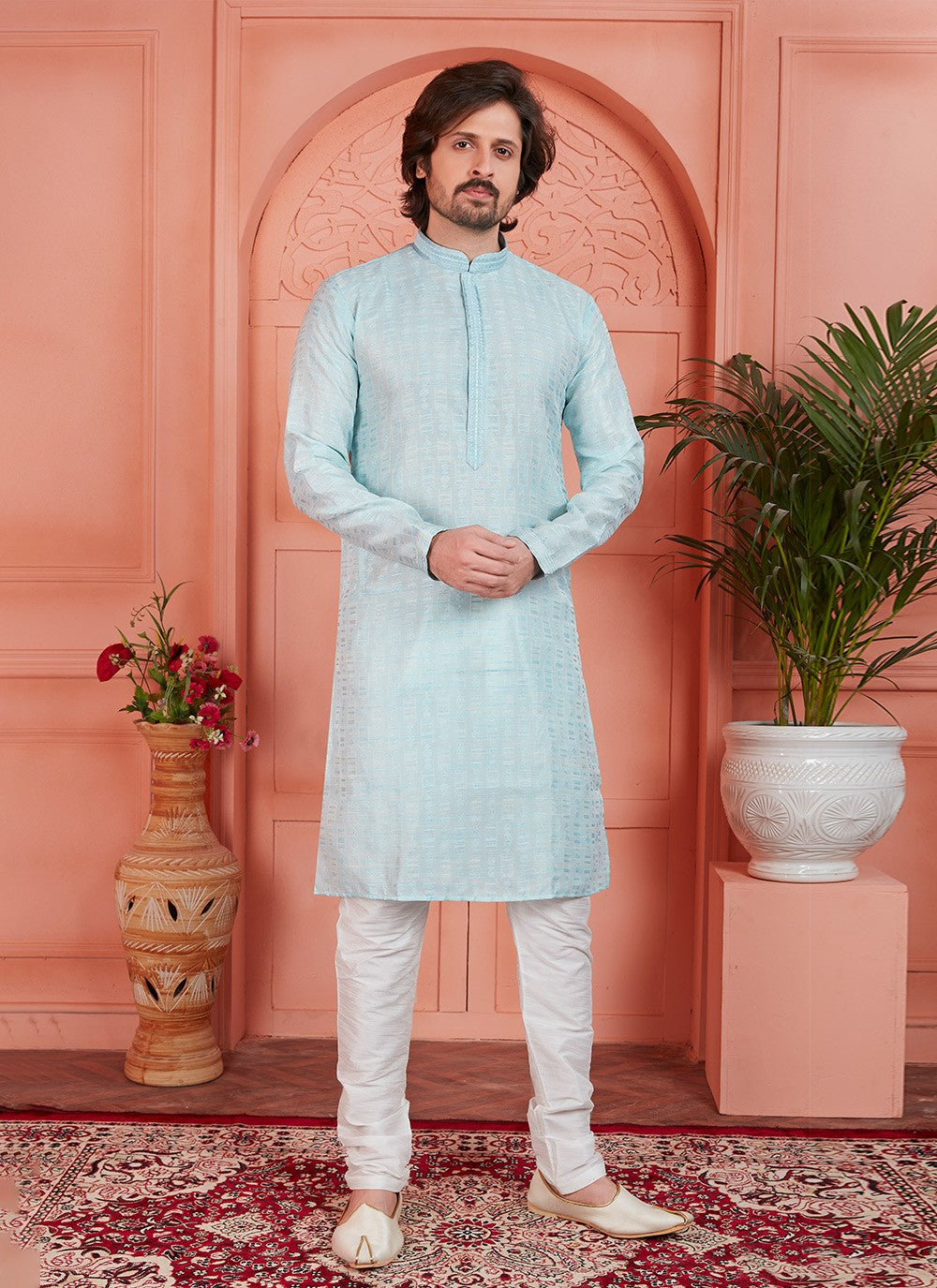 Pintex Brocade, Jacquard Silk Aqua Blue Kurta Pyjama - M7747