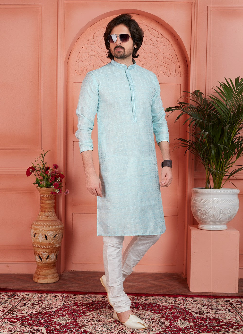 Pintex Brocade, Jacquard Silk Aqua Blue Kurta Pyjama - M7747