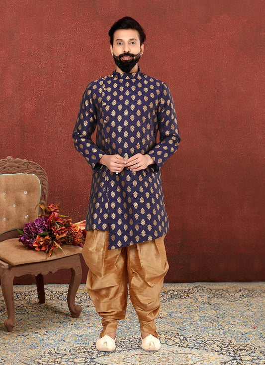 Jacquard Work Jacquard Silk Blue Indo Western Sherwani - M2613