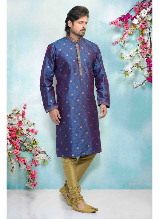 Printed Jacquard Silk Blue Kurta Pyjama - M1678