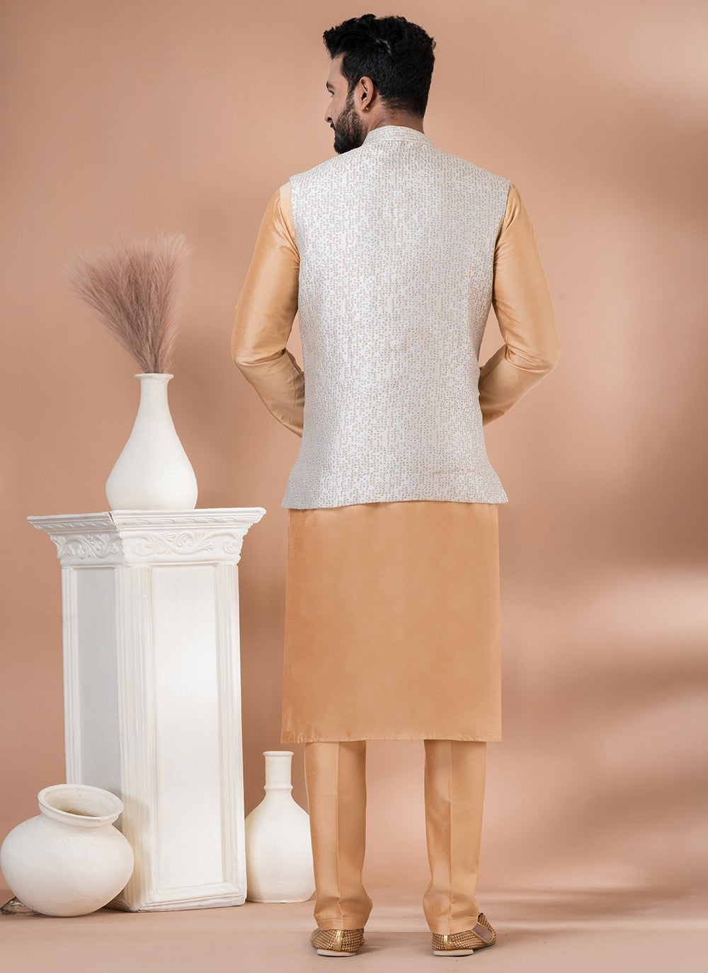 Plain Jacquard Silk, Viscose Brown, Multi Colour Kurta Payjama With Jacket - M7733