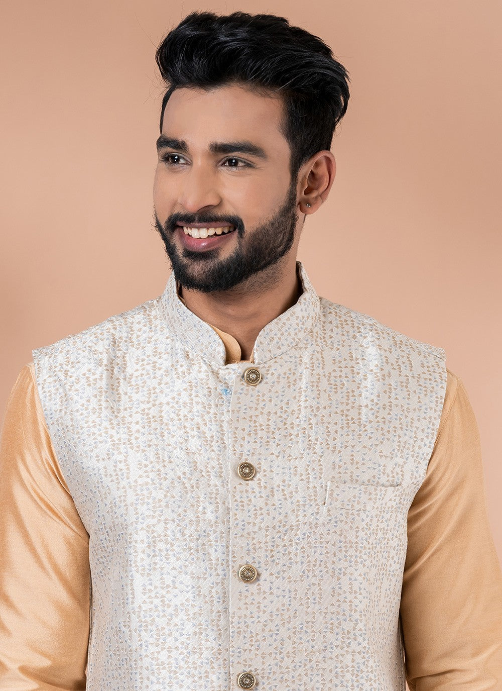 Plain Jacquard Silk, Viscose Brown, Multi Colour Kurta Payjama With Jacket - M7733