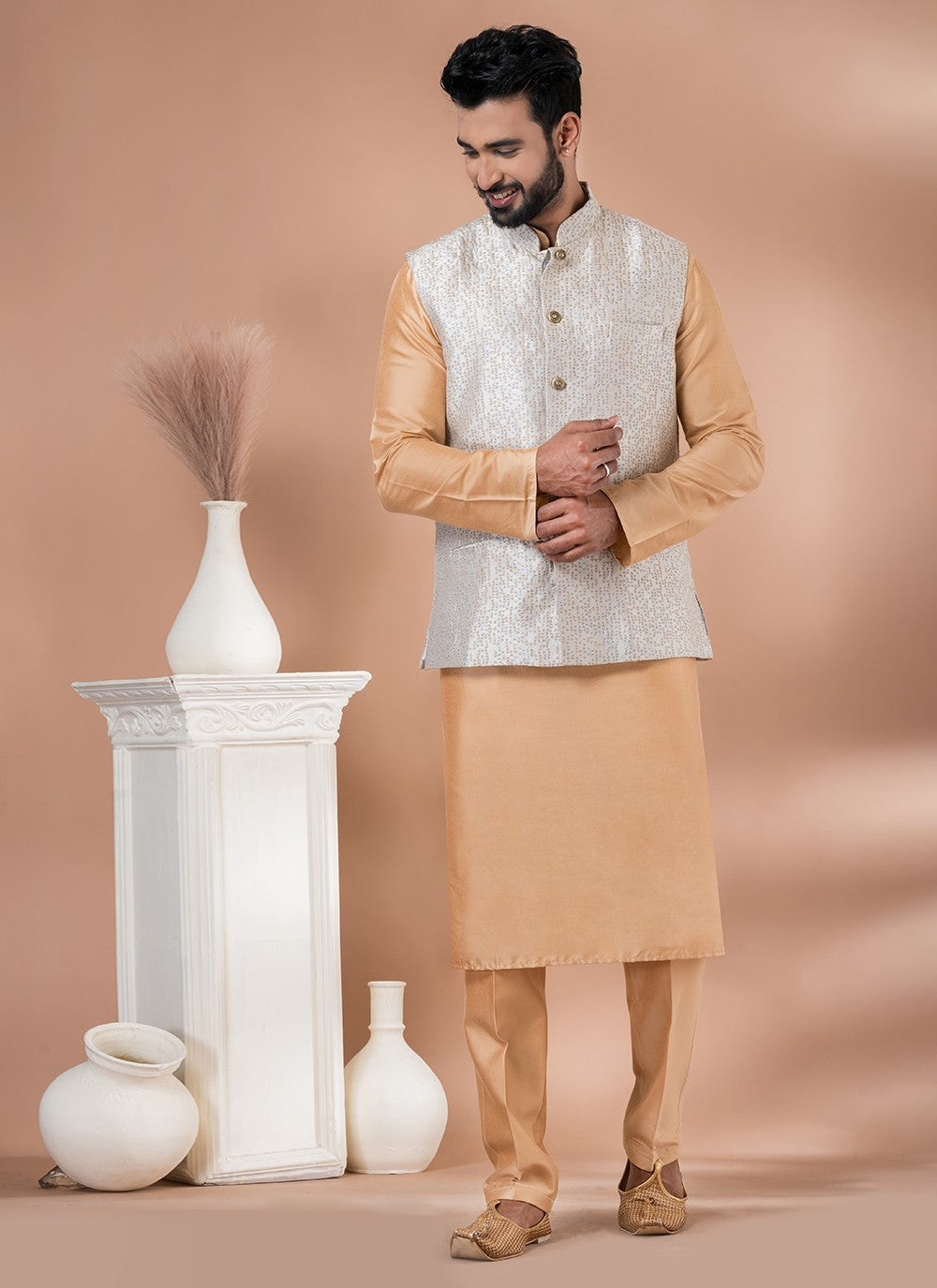 Plain Jacquard Silk, Viscose Brown, Multi Colour Kurta Payjama With Jacket - M7733