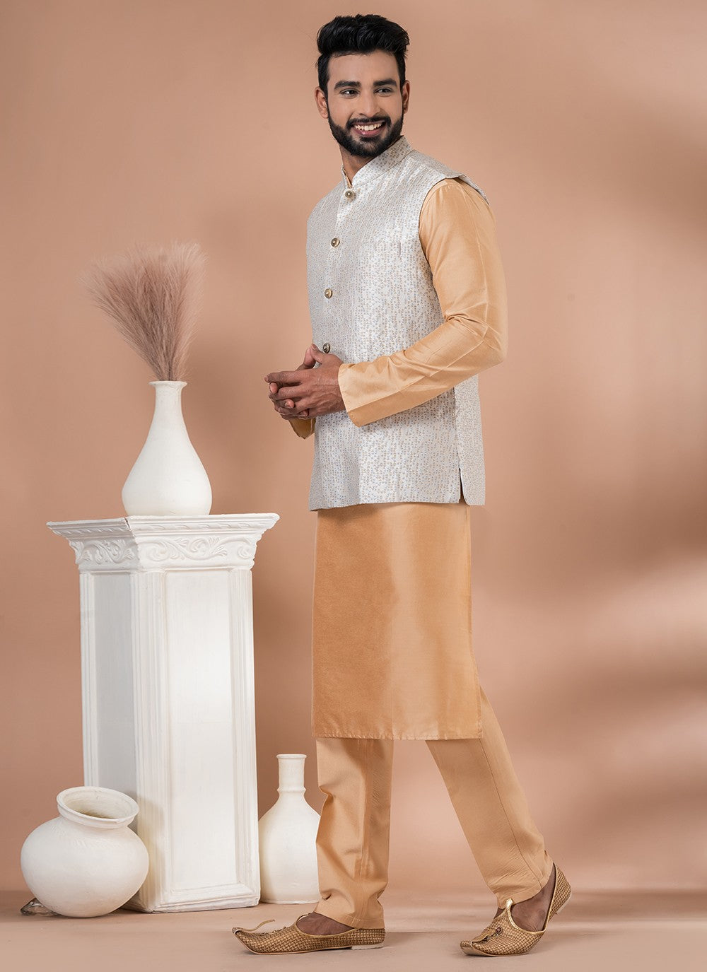 Plain Jacquard Silk, Viscose Brown, Multi Colour Kurta Payjama With Jacket - M7733