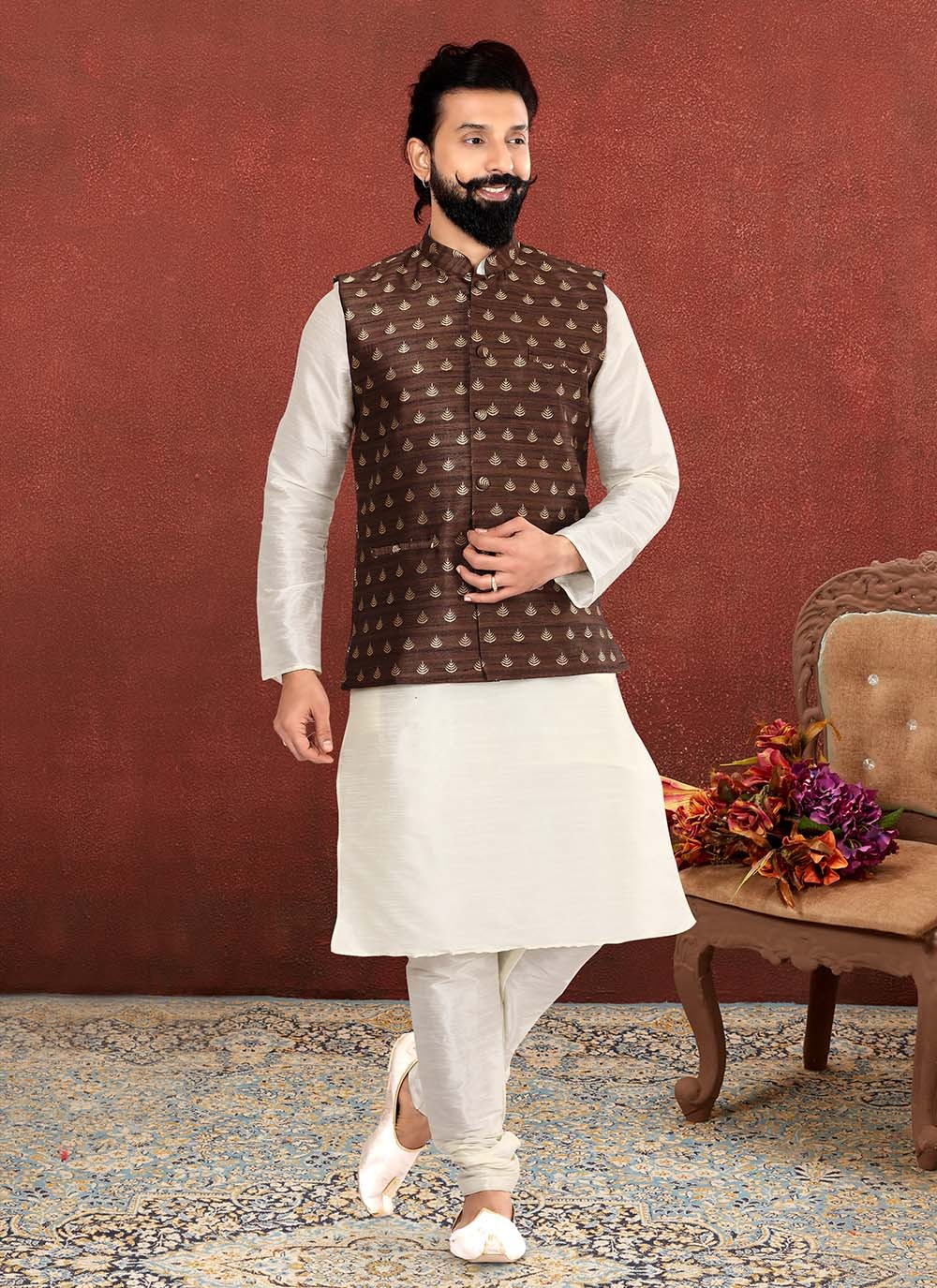 Jacquard Work Jacquard Silk Brown, Off White Kurta Payjama With Jacket - M2561