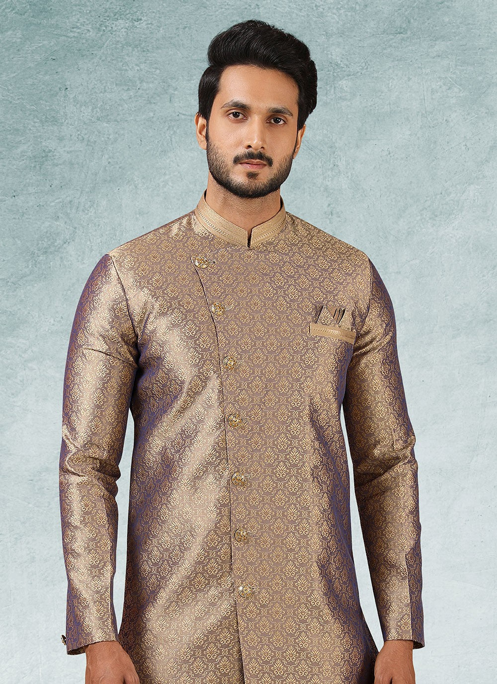 Fancy Work Brocade, Jacquard Silk Brown Indo Western - M3334