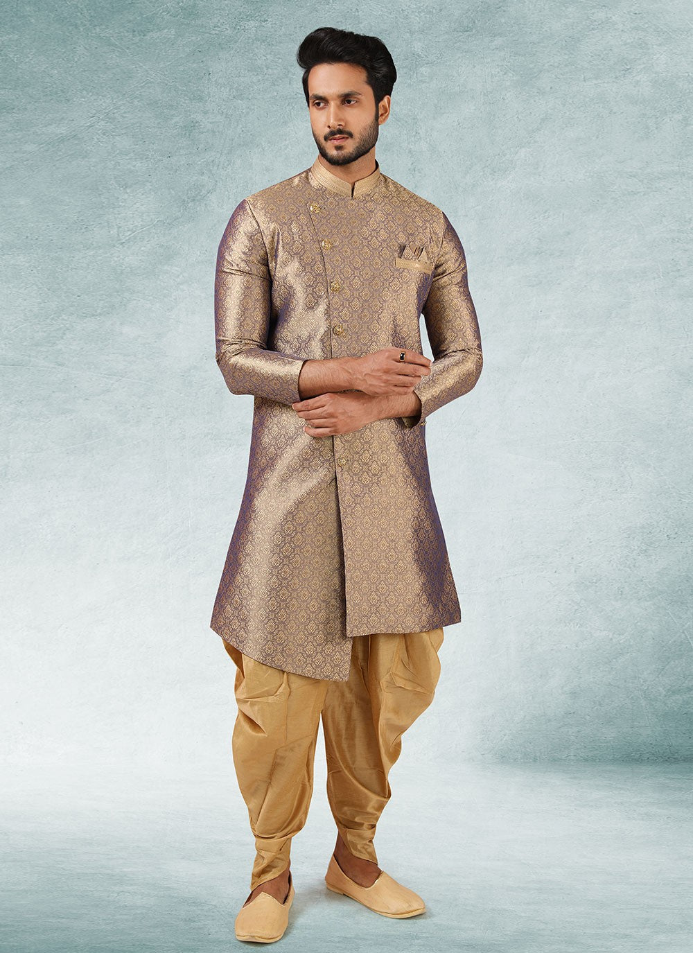 Fancy Work Brocade, Jacquard Silk Brown Indo Western - M3334