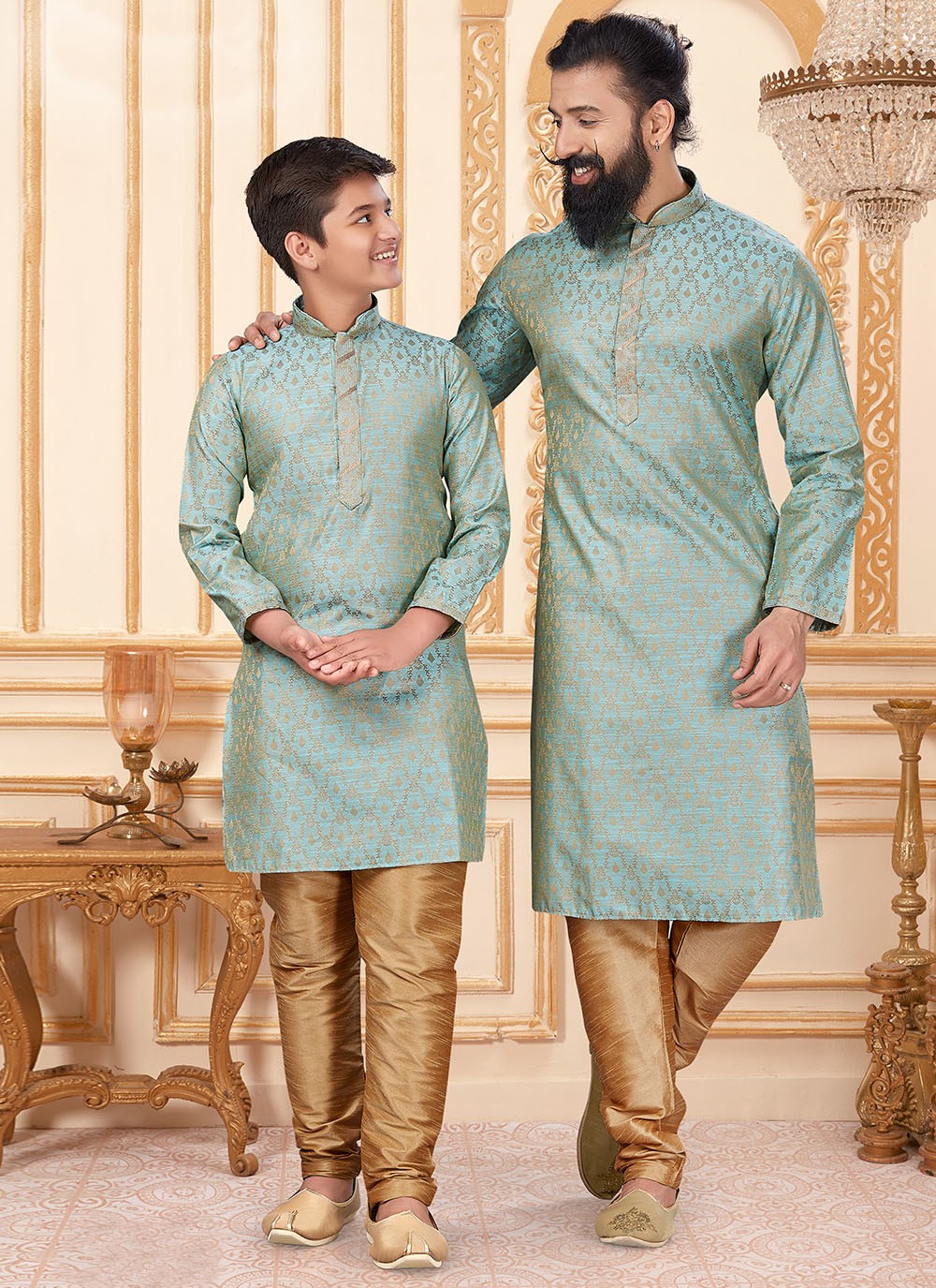 Buttis Jacquard Silk Turquoise Kurta Pyjama - M1918