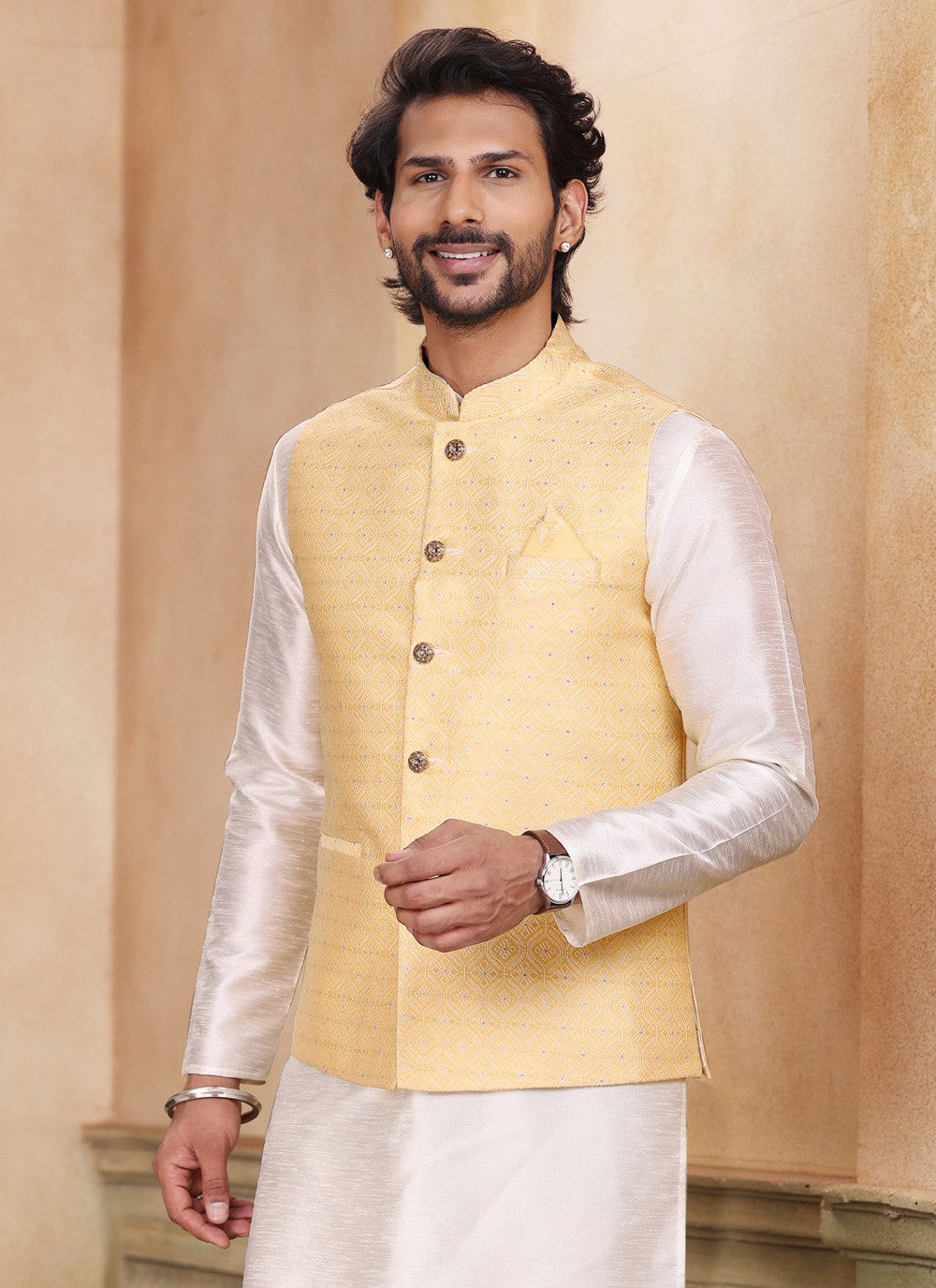 Fancy Work Jacquard Silk Cream, Yellow Kurta Payjama With Jacket - M5195