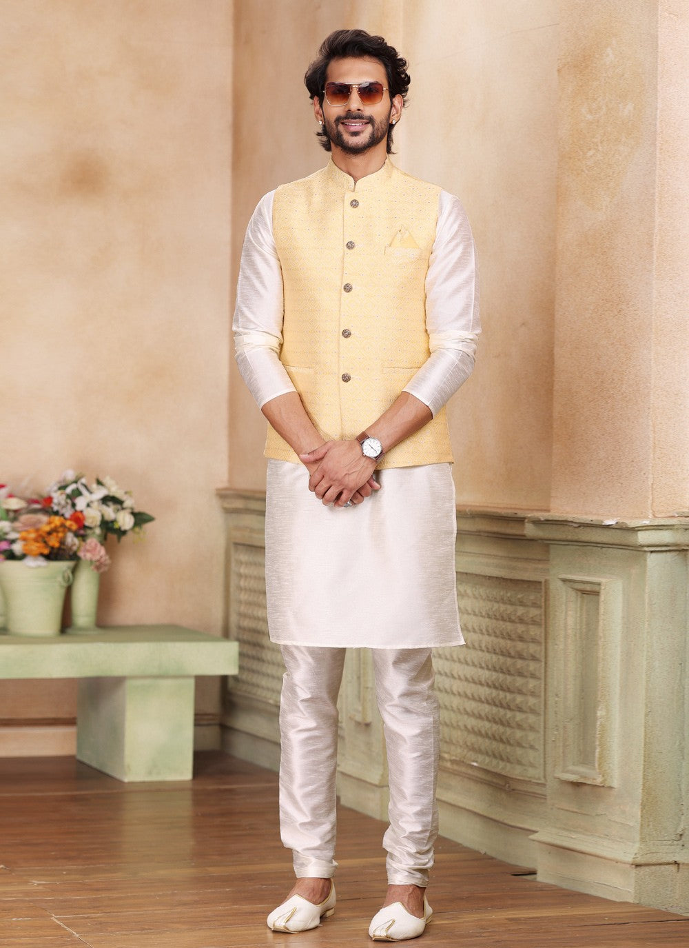 Fancy Work Jacquard Silk Cream, Yellow Kurta Payjama With Jacket - M5195