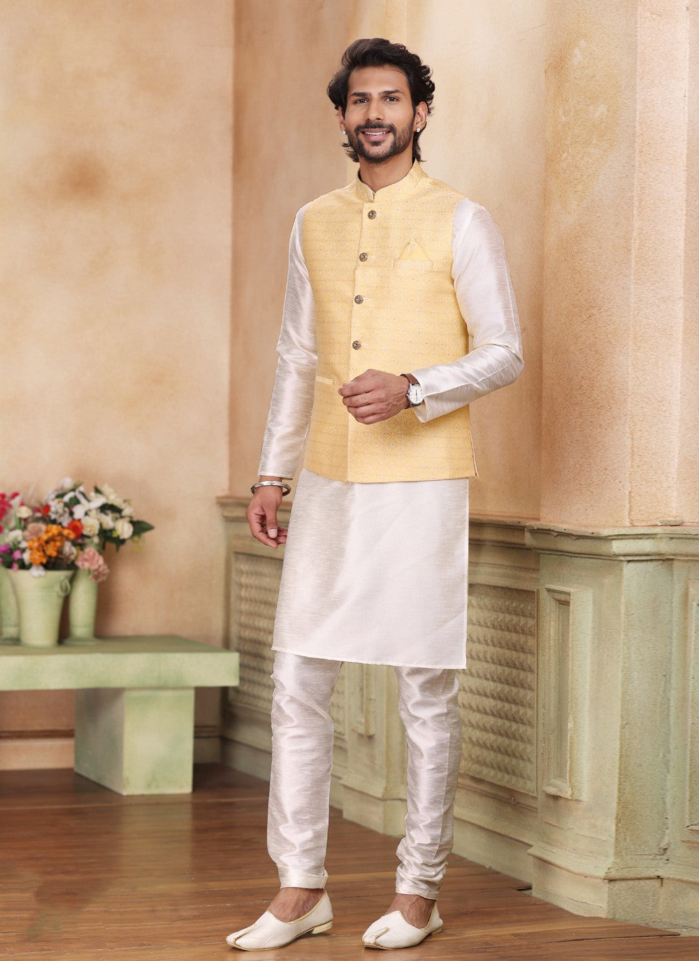 Fancy Work Jacquard Silk Cream, Yellow Kurta Payjama With Jacket - M5195