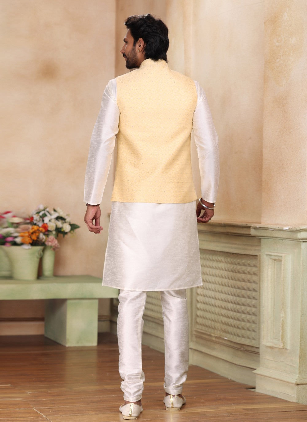 Fancy Work Jacquard Silk Cream, Yellow Kurta Payjama With Jacket - M5195