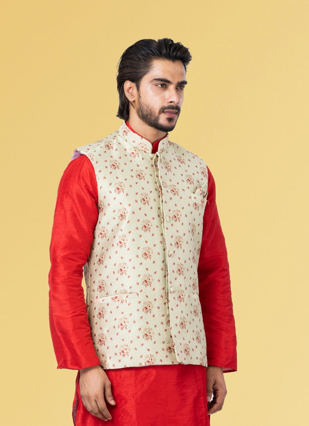 Embroidered Jacquard Silk Cream Nehru Jackets - M3847