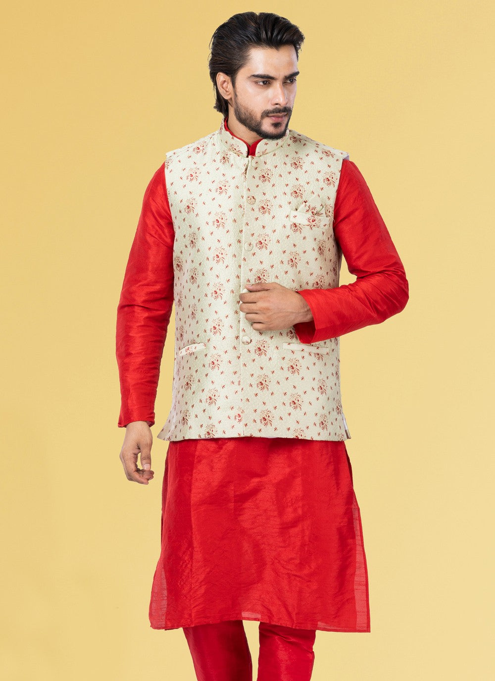 Embroidered Jacquard Silk Cream Nehru Jackets - M3847