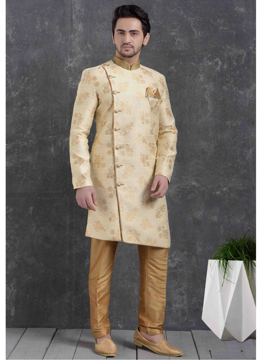 Printed Jacquard Silk Cream Indo Western - M1772